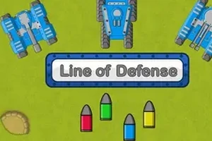 Yeşil bir zemin üzerinde mavi tanklar, Line of Defense yazısı ve farklı renkte üç mermi