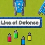 Yeşil bir zemin üzerinde mavi tanklar, Line of Defense yazısı ve farklı renkte üç mermi