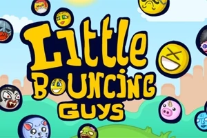Renkli karakter emojileri ve Little Bouncing Guys yazısı mavi bir arka plan üzerinde