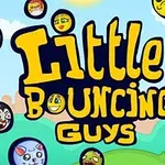 Renkli karakter emojileri ve Little Bouncing Guys yazısı mavi bir arka plan üzerinde