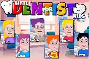 Rengarenk grafiklerle tasarlanmış diş muayenehanesi arka planında, çeşitli çizgi karakter portreleri ve Little Dentist for Kids başlığı