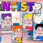Rengarenk grafiklerle tasarlanmış diş muayenehanesi arka planında, çeşitli çizgi karakter portreleri ve Little Dentist for Kids başlığı