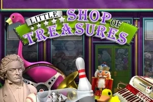 Little Shop of Treasures tabelasının altında oyuncaklar, müzik aletleri ve dekoratif eşyalar bulunan bir vitrin