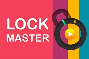 Renkli arka plan üzerinde LOCK MASTER yazısı ve ortasında oynat düğmesi bulunan yuvarlak bir şekil