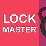 Renkli arka plan üzerinde LOCK MASTER yazısı ve ortasında oynat düğmesi bulunan yuvarlak bir şekil