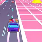 Pembe renkte bir yolda mavi bir arabayla ilerleyen karakterler ve yolun kenarlarında kaktüsler ile geometrik yapılar