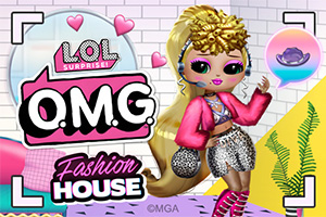 Büyük gözleri olan bebeğin pembe ceket ve desenli şort giydiği renkli moda temalı tasarım