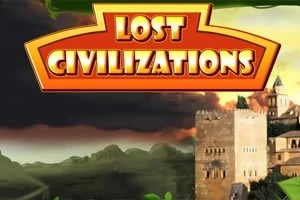 Koyu bulutlar altında, eski kaleyi andıran taş yapıların yanında Lost Civilizations yazısı