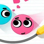 Mavi ve pembe renkli iki sevimli yüz, kurşun kalemle çizilmiş bir gülümseme üzerinde karşılıklı bakışıyor