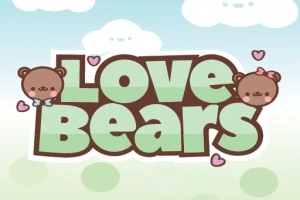 Yeşil büyük harflerle Love Bears yazısının etrafında pembe kalpler ve iki sevimli ayıcık figürü olan pastel tonlarda bir arka plan