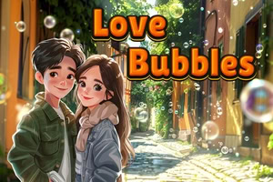 Yağmurlu, baloncuklarla dolu bir sokakta sarılan genç çift ve üstte Love Bubbles yazısı