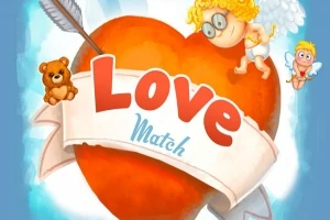 Büyük kırmızı bir kalp ve etrafında ok taşıyan iki küçük Melek, bir kurdele üzerinde Love Match yazısı ve yanında bir oyuncak ayı