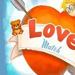 Büyük kırmızı bir kalp ve etrafında ok taşıyan iki küçük Melek, bir kurdele üzerinde Love Match yazısı ve yanında bir oyuncak ayı