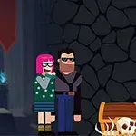 Pembe saçlı bir kadın ve yanında duran bir adam, karanlık bir taş duvar önünde, zeminde define sandığı ve iskelet kafatasıyla birlikte duruyor; arkada basamaklardan aşağı inen şapkalı ve gözlüklü bir adam var