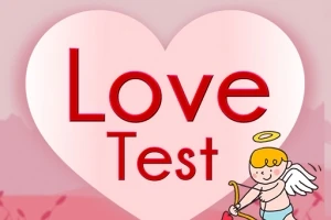 Kalp şeklindeki fonda Love Test yazısı ve sağ altta bir melek çizimi