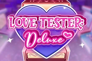 Mor bir kalp üzerinde Love Tester Deluxe yazısı ve arka planda bulanık bir ortam