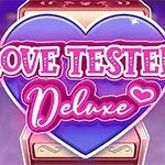 Mor bir kalp üzerinde Love Tester Deluxe yazısı ve arka planda bulanık bir ortam