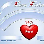 Kırmızı bir kalp üzerinde Reset yazısı ve yüzde 94 sonuç gösteren bir aşk ölçer ekranı
