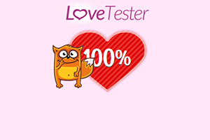 Pembe zemin üzerinde Love Tester yazısı, kırmızı kalp ve yanında yüzde yüz yazısıyla bir çizgi karakter