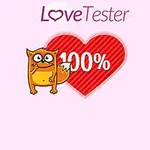 Pembe zemin üzerinde Love Tester yazısı, kırmızı kalp ve yanında yüzde yüz yazısıyla bir çizgi karakter