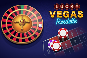 Bir rulet tekerleği, bahis masası üzerinde fişler ve yanında Lucky Vegas Roulette yazısı