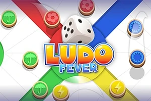 Renkli kırmızı, yeşil, mavi ve sarı alanlar üzerinde Ludo Fever yazısı ve zar figürü