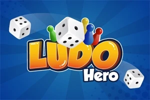 Mavi arka plan üzerinde büyük beyaz zarlar ve renkli oyun piyonlarıyla tasarlanmış Ludo Hero yazısı