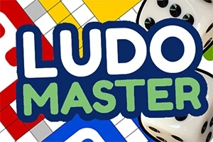 Renkli ludo tahtası ve zarların üzerinde Ludo Master yazısı