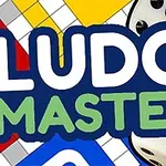 Renkli ludo tahtası ve zarların üzerinde Ludo Master yazısı
