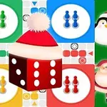 Kırmızı bir zar, Noel temalı şapkalı bir penguen ve Noel Baba figürleriyle sarı, yeşil, kırmızı ve mavi renkli oyun taşları