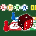 Yeşil arka plan üzerinde zar, dört renkli piyonlar ve renkli Ludo Online yazısı