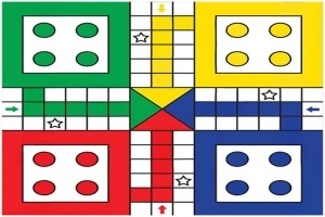 Yeşil, sarı, kırmızı ve mavi renkli karelerin bulunduğu klasik bir masa oyunu tahtası