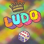 Renkli bir arka plan üzerinde taç simgesi bulunan LUDO yazısı ve altındaki zar
