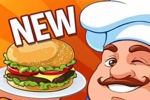 Aşçı şapkası takan bir karakterin yanında tabakta salata, domates, peynir ve hamburger eti içeren bir burger ve NEW yazısı