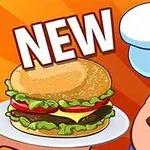 Aşçı şapkası takan bir karakterin yanında tabakta salata, domates, peynir ve hamburger eti içeren bir burger ve NEW yazısı