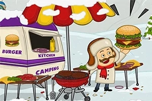 Karlı bir ortamda burger arabası ve ızgarada hamburger pişiren, elinde büyük bir hamburger tutan kürklü şapka giymiş neşeli bir şef