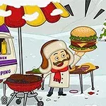 Karlı bir ortamda burger arabası ve ızgarada hamburger pişiren, elinde büyük bir hamburger tutan kürklü şapka giymiş neşeli bir şef