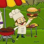Aşçı şapkalı bir adam, mangalın yanında büyük bir hamburger tutuyor, arka planda ise bir karavan ve masa bulunuyor