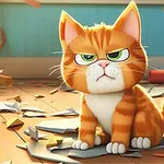Turuncu beyaz bir kedi dağınık bir odada oturuyor, etrafında yırtılmış kağıt parçaları var