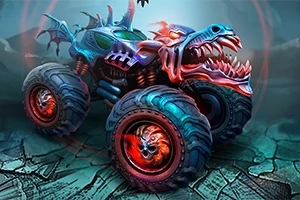 Mad Truck Challenge Ejderha temalı canavar kamyon tasarımı, keskin dişler ve renkli, ışıltılı tekerleklerle vurgulanmış