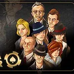 Farklı karakterlerin çizimleriyle dolu, koyu arka plan üzerinde Mafia Poker yazılı bir görüntü