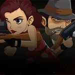 Kırmızı elbiseli bir kadın ve şapka takan iki erkek karakter tüfeklerle nişan alıyor