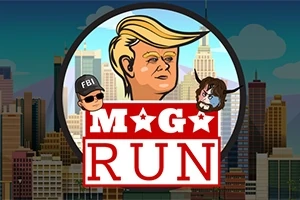 Şehir manzarası önünde üç çizgi karakter ve MAGA RUN yazısı