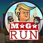 Şehir manzarası önünde üç çizgi karakter ve MAGA RUN yazısı