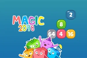 Renkli sayılar ve sevimli karakterlerin olduğu mavi arka plan üzerinde MAGIC 2048 yazısı