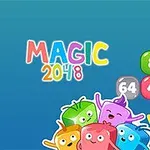 Renkli sayılar ve sevimli karakterlerin olduğu mavi arka plan üzerinde MAGIC 2048 yazısı