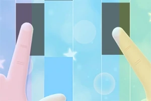 Pastel renkli arka plan üzerinde piyano tuşlarına dokunan iki parmak