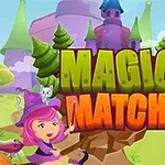 Pembeli şapkalı bir cadı ve bir kedi, arka planda kaleler ile ağaçların yanında MAGIC MATCH yazısı önünde