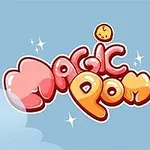 Mavi bir arka plan üzerinde, parlak ve renkli Magic Pom yazısı ile etrafta yüzen sevimli hayvan yüzleri
