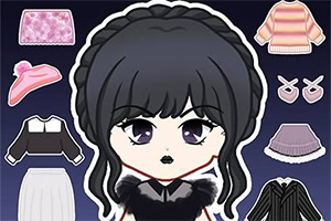 Koyu saçlı ve siyah elbiseli bir anime karakterinin etrafında farklı kıyafetlerin bulunduğu bir görsel